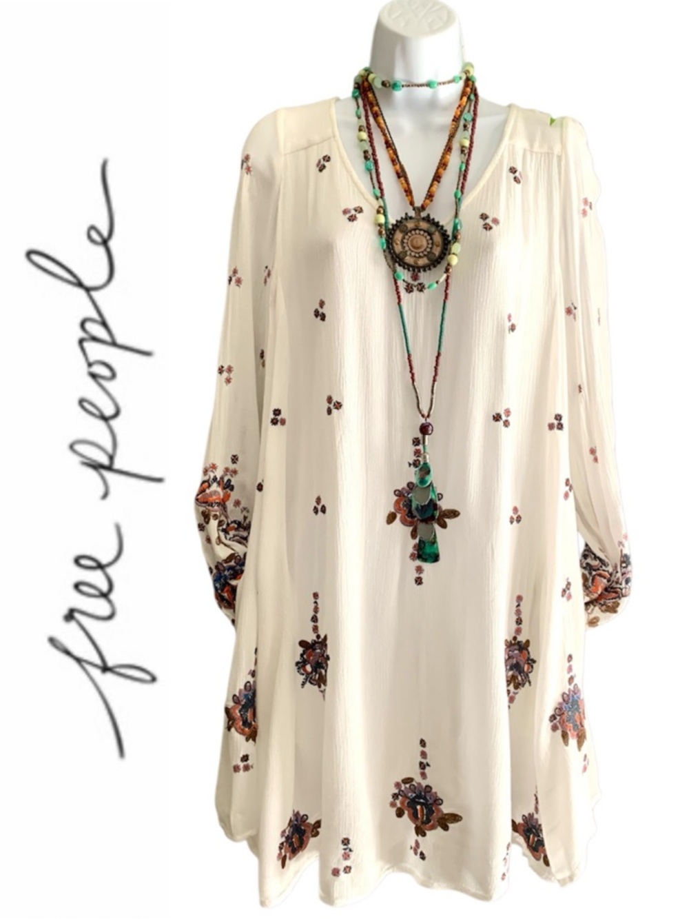 FREE PEOPLE Oxford Embroiderered Mini Swing Boho Dress Long Sleeves CutOut Back